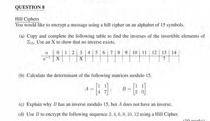 Solved QUESTION 8 Hill Ciphers You Would Like To Encrypt A | Chegg.com