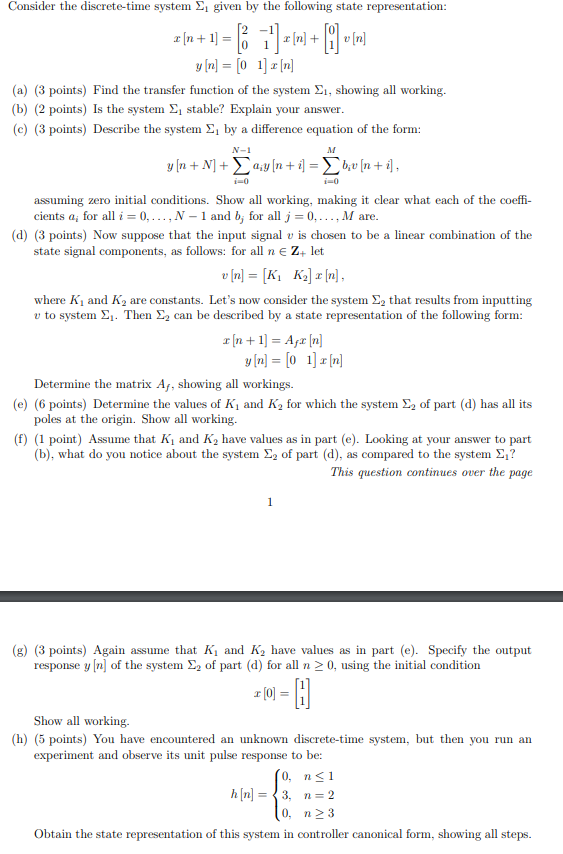 Solved Consider the discrete-time system Σ₁ given by the | Chegg.com