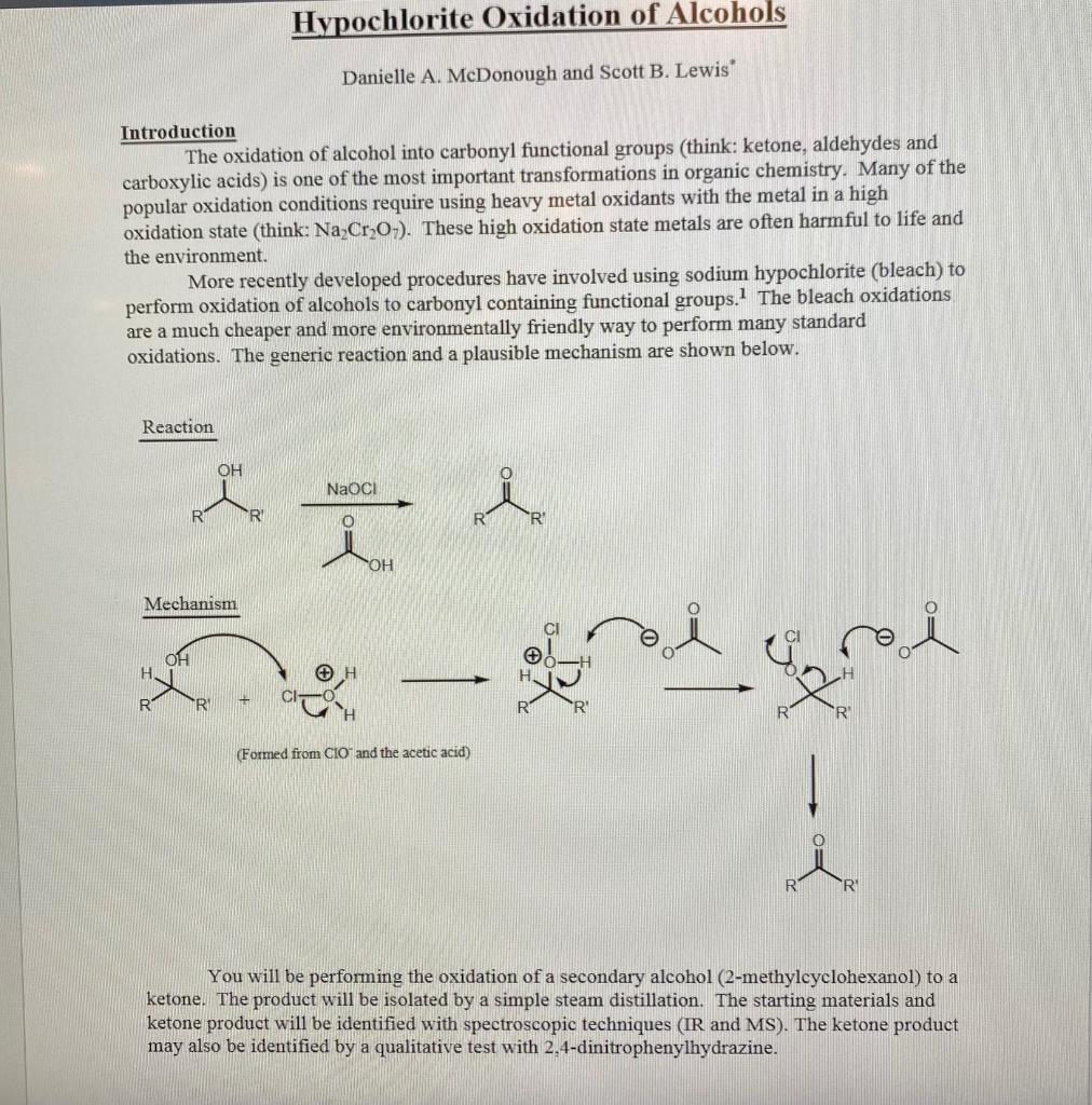 Solved Hypochlorite Oxidation of Alcohols Danielle A. | Chegg.com