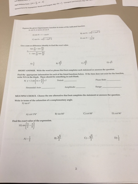 Solved Ptane Trigonometry MULTIPLE CHOICE Choose The One Chegg Solved ptane trigonometry multiple choice choose the one chegg