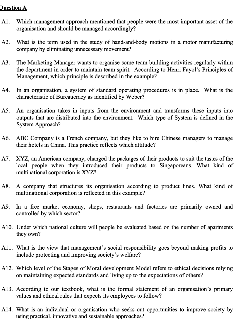 Solved Question A Al. Which management approach mentioned | Chegg.com