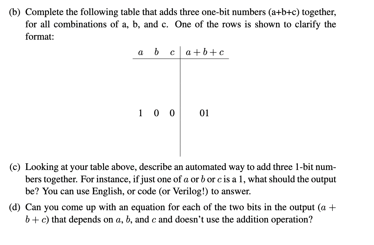 Solved (b) Complete the following table that adds three | Chegg.com