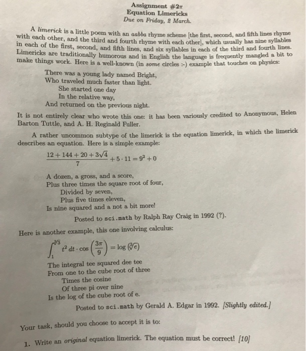 Solved Assignment #2π uation Lim Due on Friday, 2 March | Chegg.com