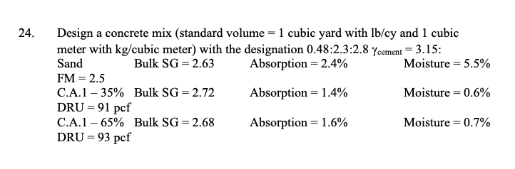 Solved 24. Design a concrete mix (standard volume = 1 cubic | Chegg.com