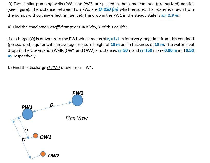Solved 3) Two similar pumping wells (PW1 and PW2) are placed | Chegg.com