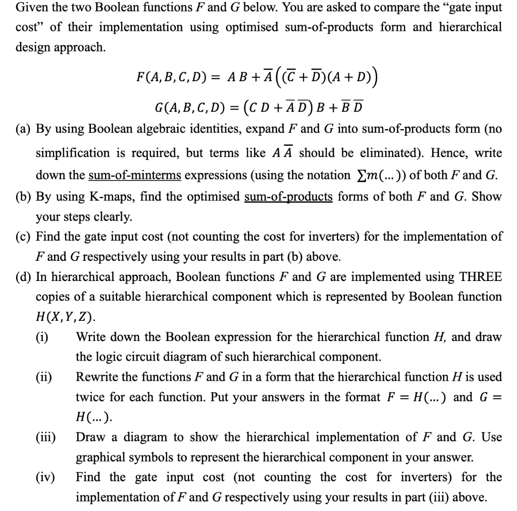 Solved = + Given the two Boolean functions F and G below. | Chegg.com