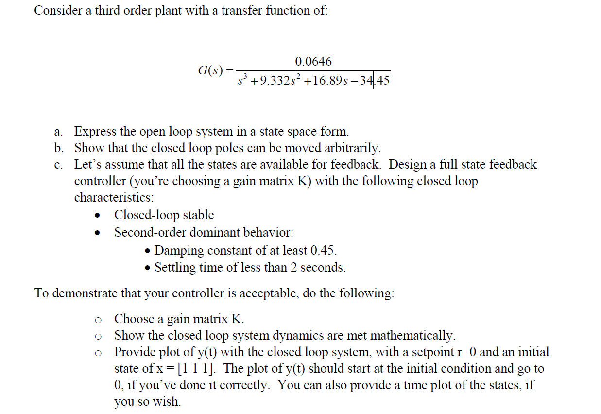 Solved Consider a third order plant with a transfer function | Chegg.com