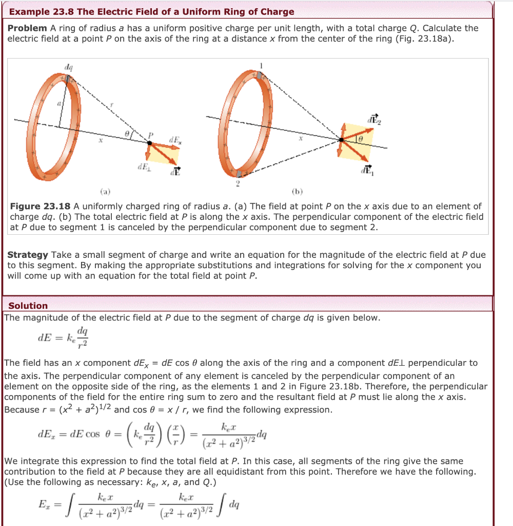 Solved Example 23.8 The Electric Field of a Uniform Ring of | Chegg.com