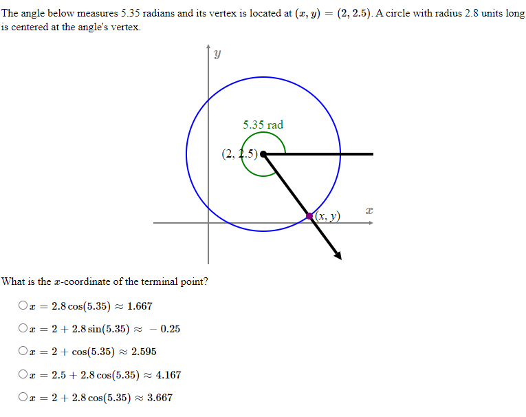 Solved The angle below measures 5.35 radians and its vertex | Chegg.com