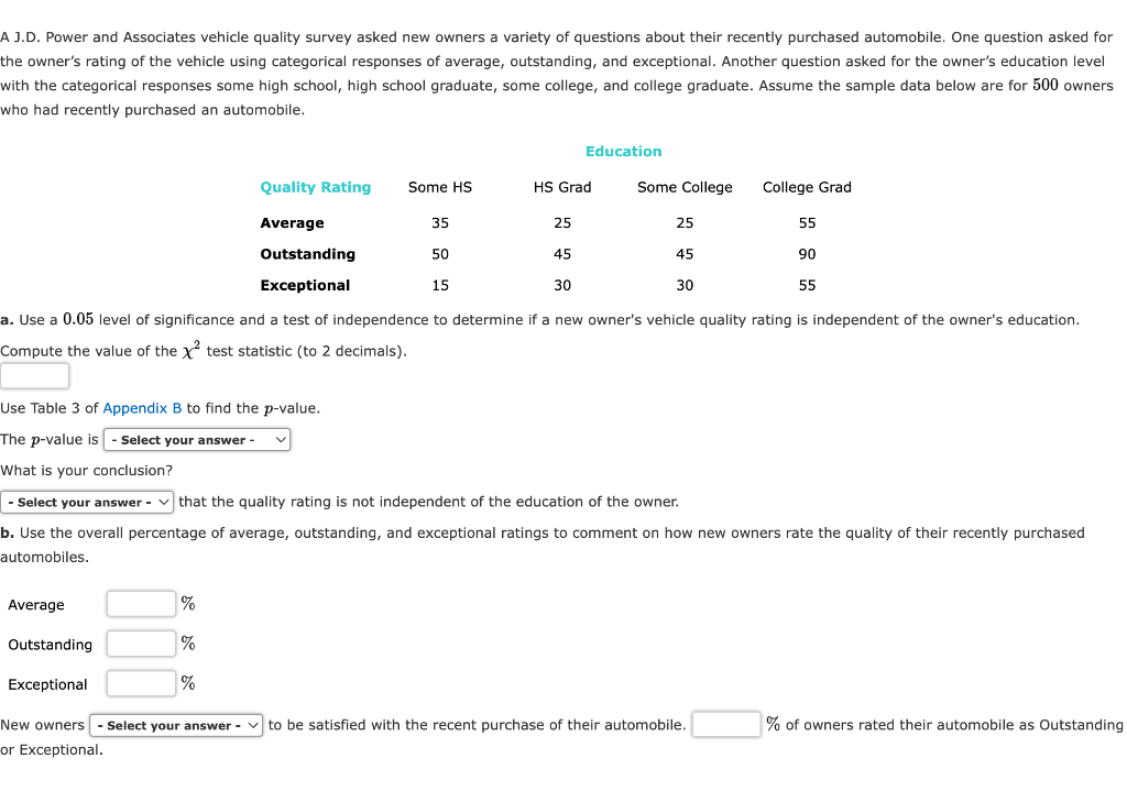 Solved A J.D. Power and Associates vehicle quality survey