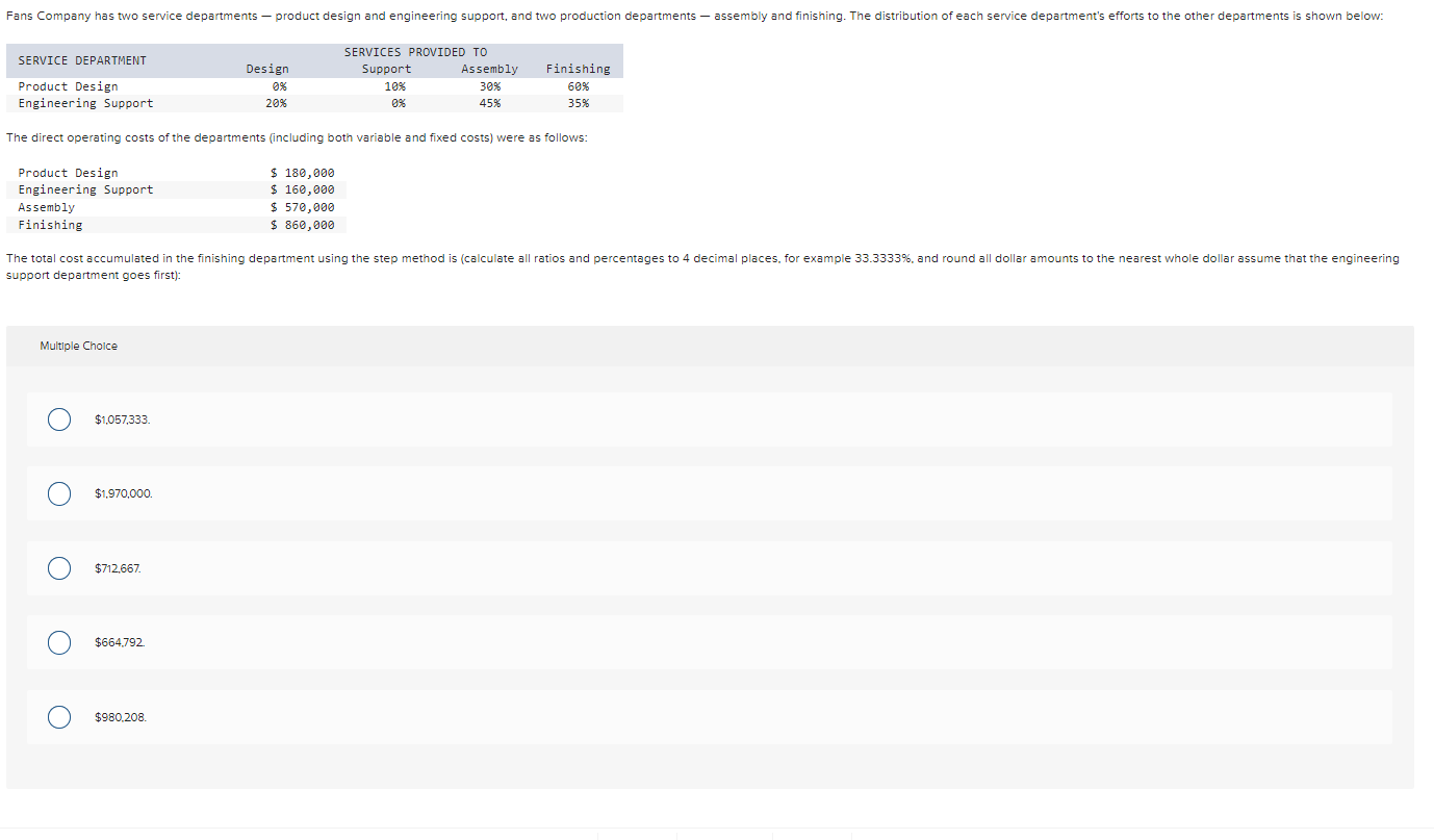 Solved Fans Company has two service departments — ﻿product | Chegg.com