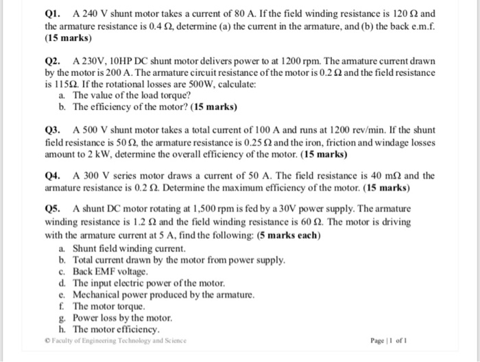 Solved A 240 V shunt motor takes a current of 80 A. If the