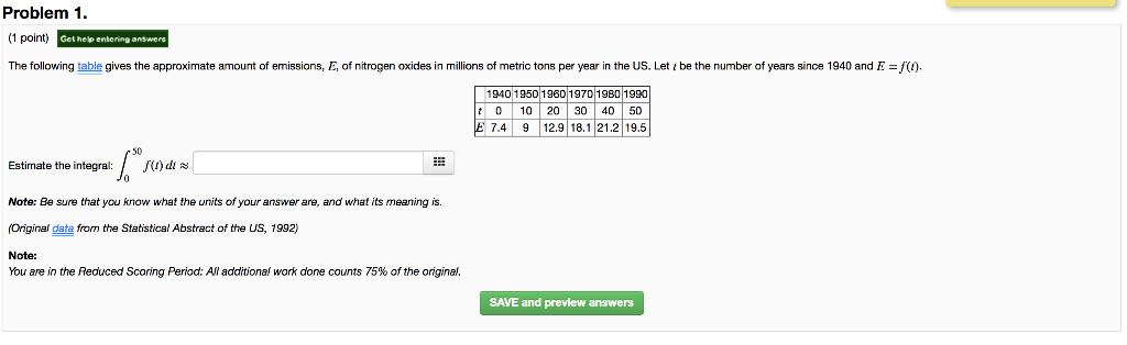 Solved Problem 1. (1 point) The following table gives the | Chegg.com