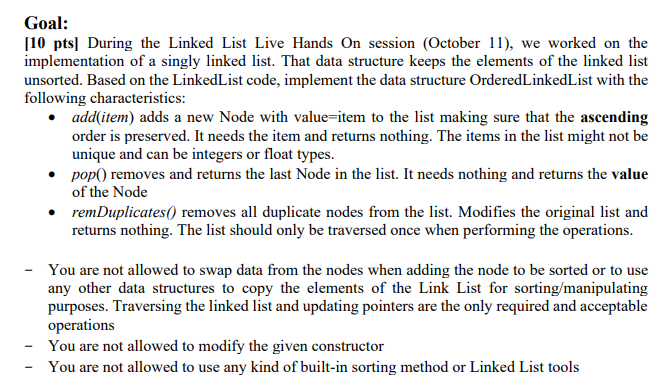 Solved Goal: [10 ptsl During the Linked List Live Hands On | Chegg.com