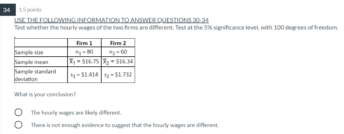 Solved 34 1.5 points USE THE FOLLOWING INFORMATION TO ANSWER | Chegg.com
