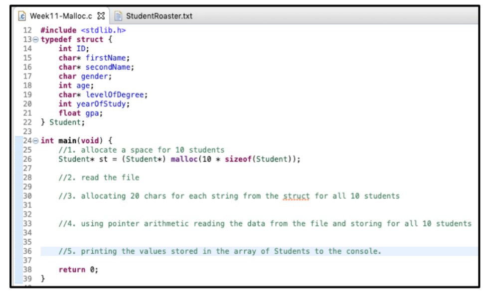 Solved Malloc: Class Roaster. Define a new structure type | Chegg.com