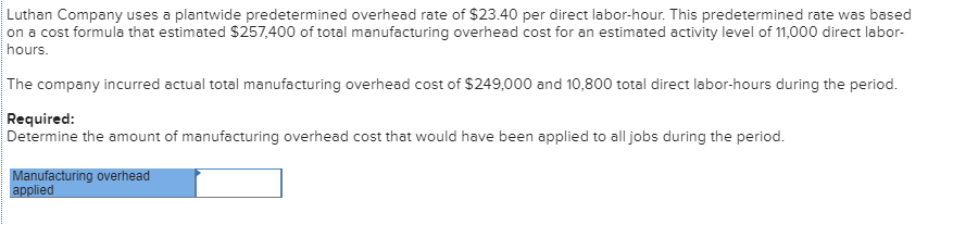 Solved Luthan Company Uses A Plantwide Predetermined Over