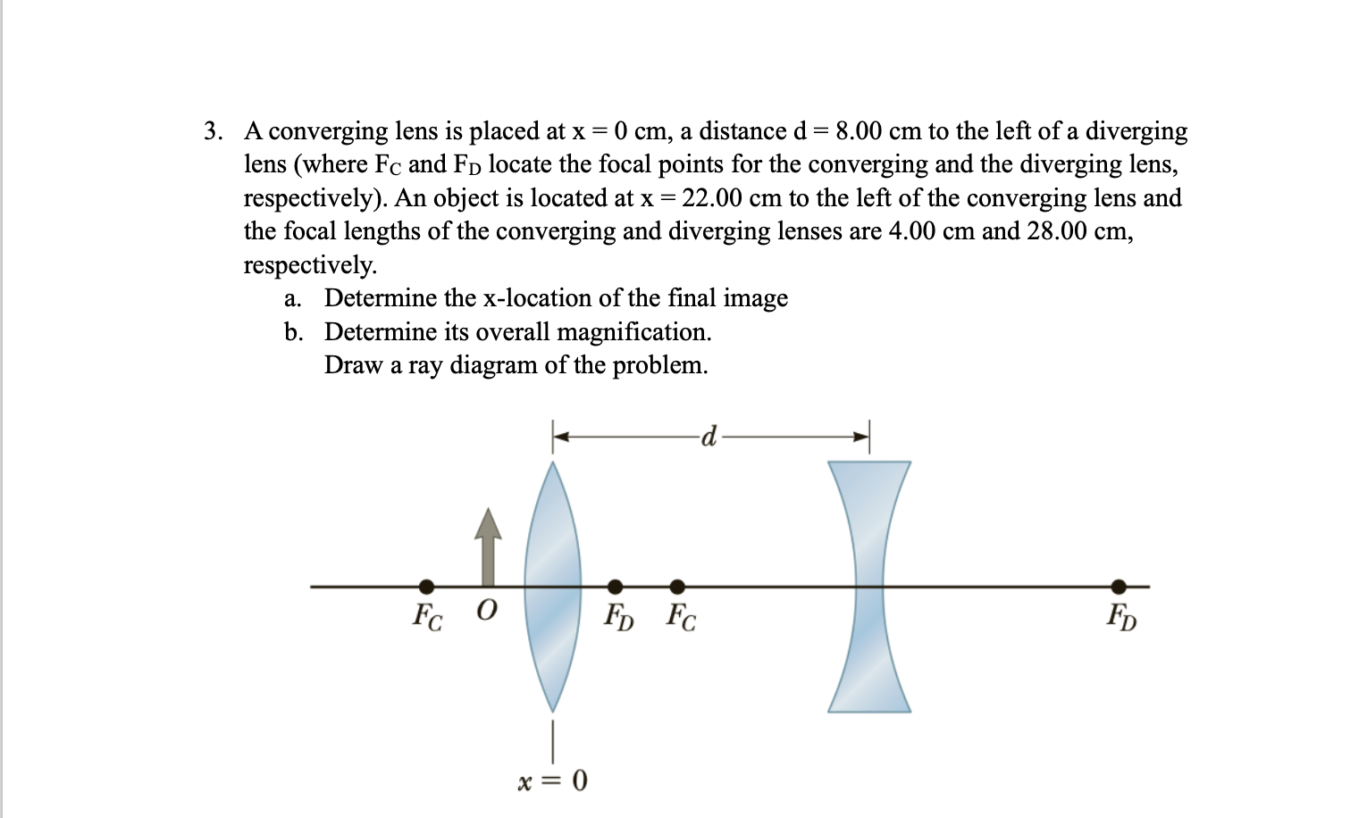 Solved 3. A converging lens is placed at x=0 cm, a distance | Chegg.com