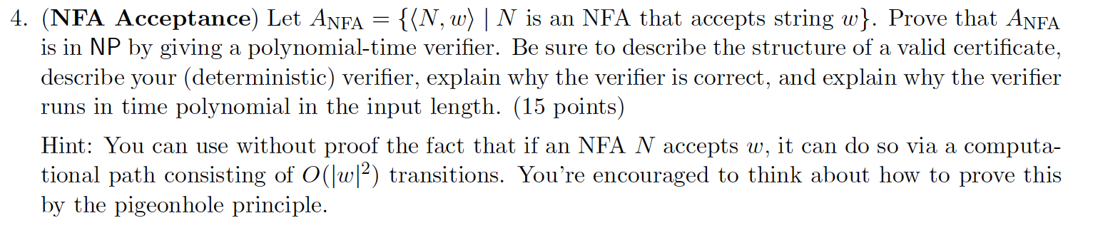 4. (NFA Acceptance) Let ANFA = {{N,w) | N is an NFA | Chegg.com