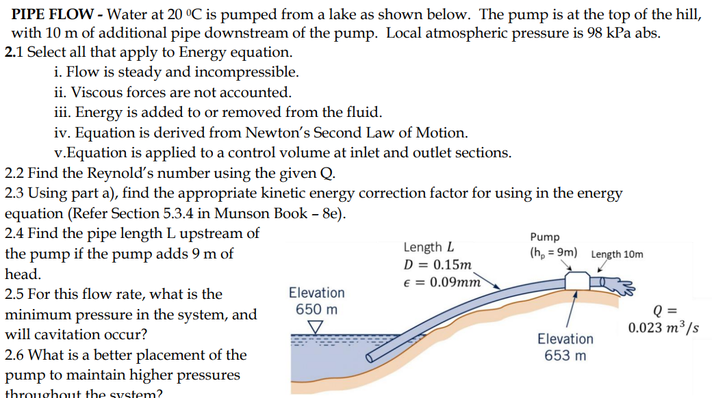 Solved PIPE FLOW - Water at 20∘C is pumped from a lake as | Chegg.com