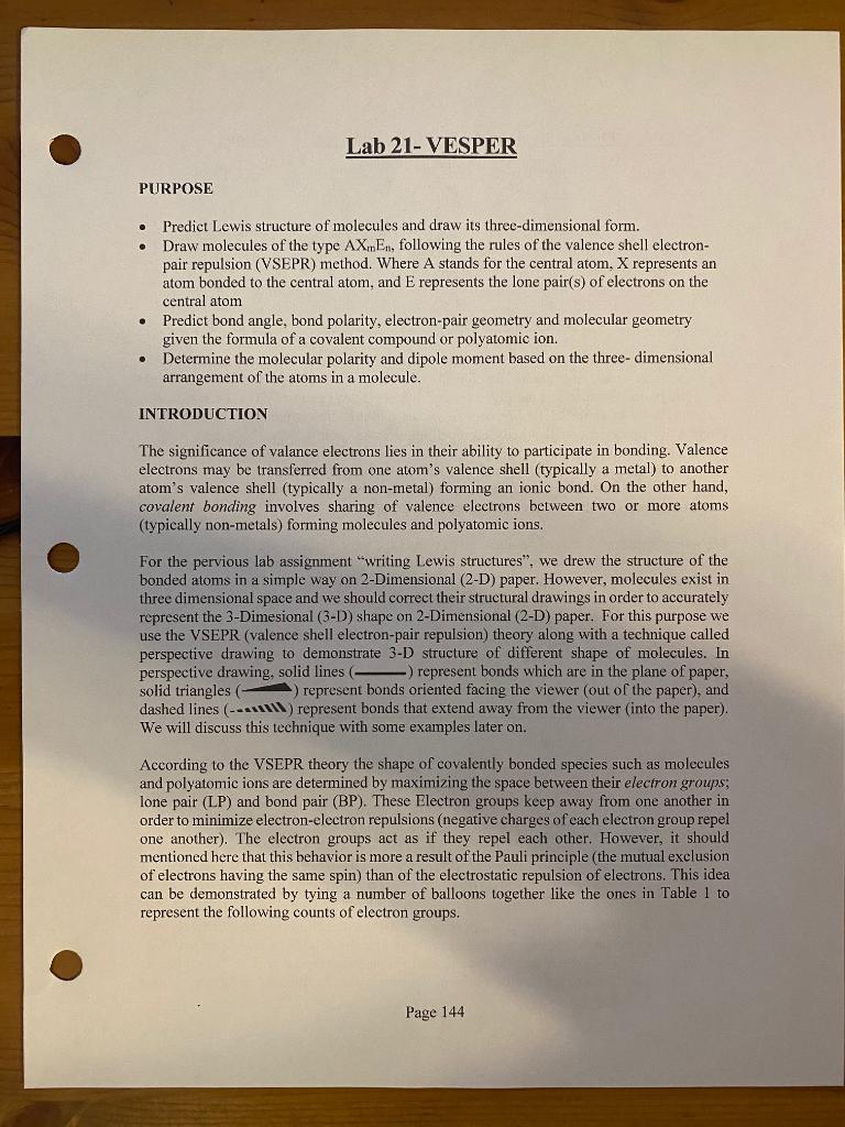 Solved Lab 21-VESPER PURPOSE . Predict Lewis structure of