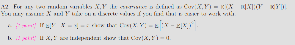 Solved A2. For any two random variables X,Y the covariance | Chegg.com
