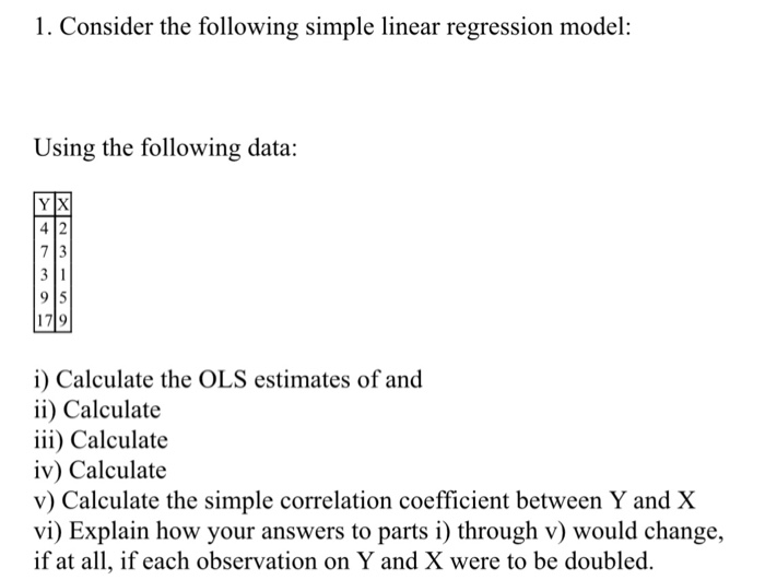 Solved 1. Consider The Following Simple Linear Regression | Chegg.com