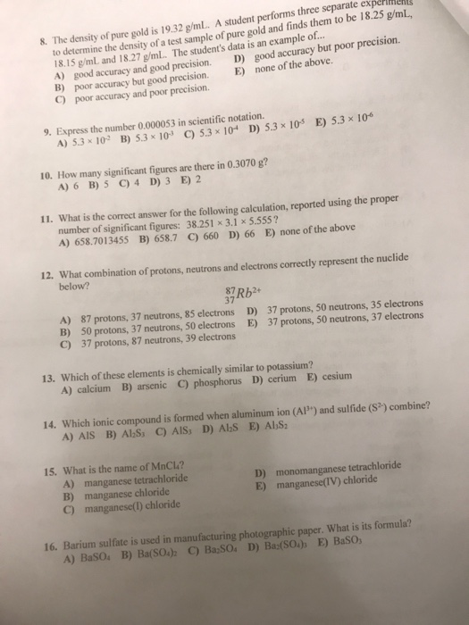 Solved s. The density of pure gold is 19.32 g/ml. A student | Chegg.com