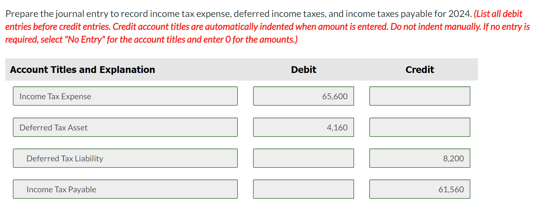 Solved Prepare the journal entry to record income tax | Chegg.com