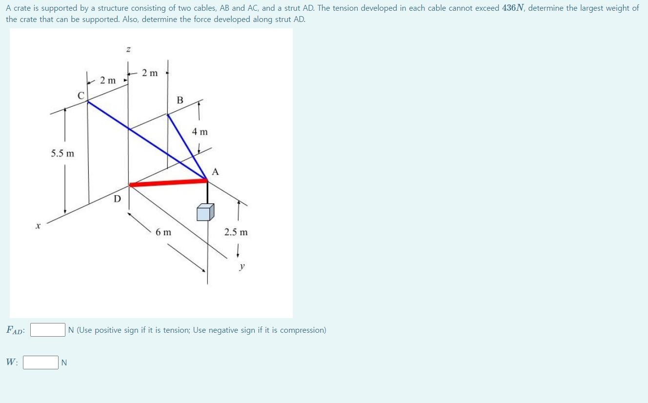 A crate is supported by a structure consisting of two cables, \( \mathrm{AB} \) and \( \mathrm{AC} \), and a strut \( \mathrm