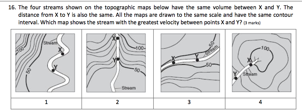 Solved 16. The four streams shown on the topographic maps | Chegg.com