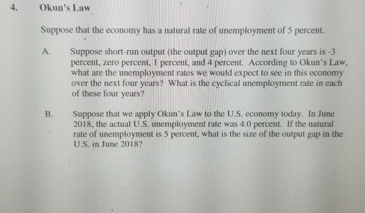 Solved 4 Okun s Law Suppose That The Economy Has A Natural Chegg