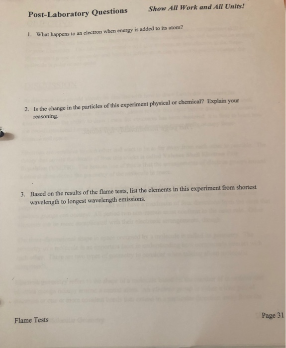 Solved Show All Work and All Units! Post-Laboratory | Chegg.com