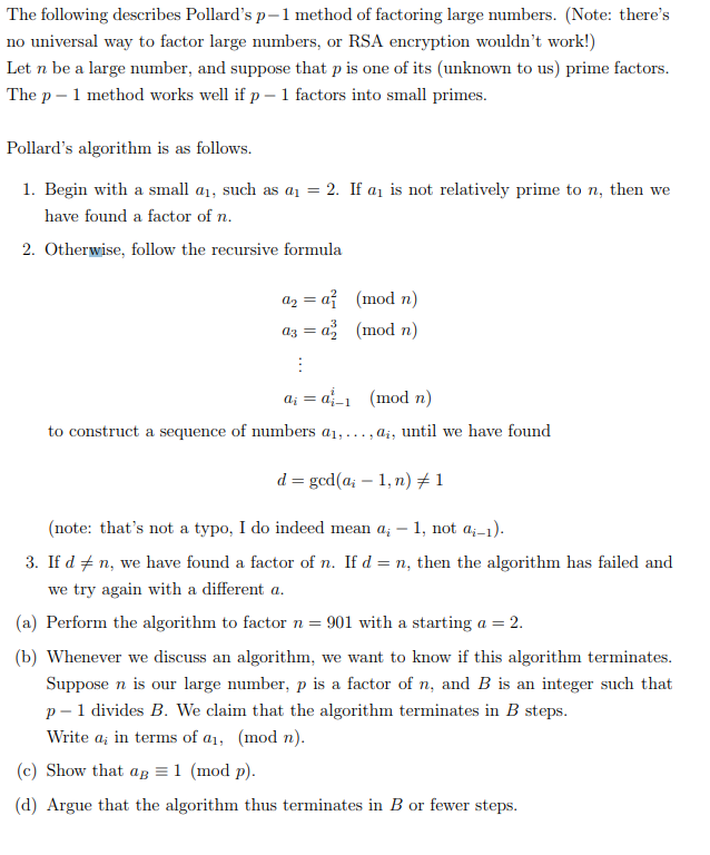 The following describes Pollard's p1 method of