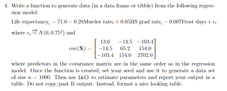 Solved 4. Write a function to generate data (in a data frame | Chegg.com