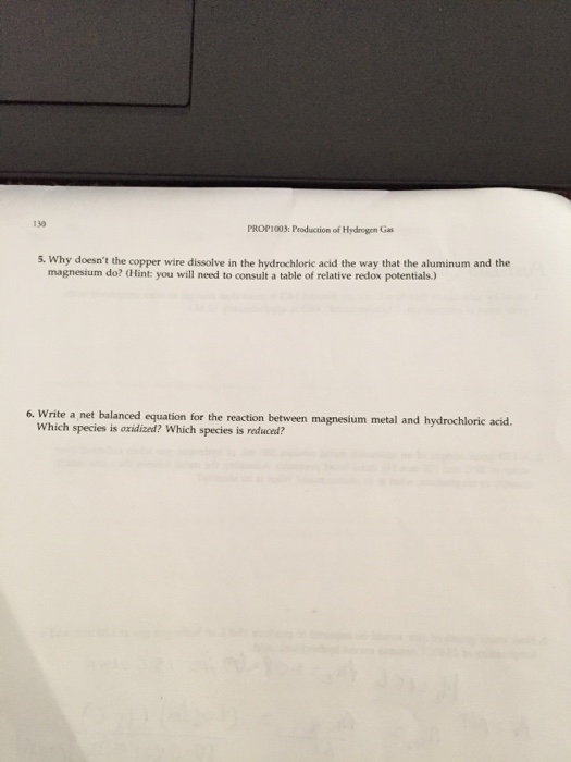 Solved PROP1003 Production of Hydrogen Gas 129 PostLab
