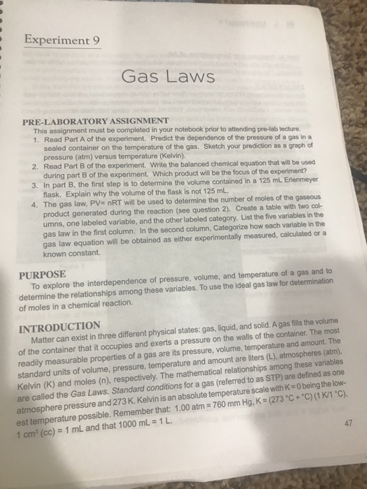 Solved Experiment 9 Gas Laws PRELABORATORY ASSIGNMENT This