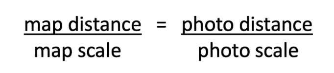 \( \frac{\text { map distance }}{\text { map scale }}=\frac{\text { photo distance }}{\text { photo scale }} \)