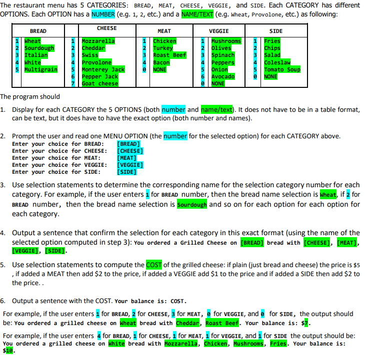 Solved HNm HNM The restaurant menu has 5 CATEGORIES: BREAD, | Chegg.com
