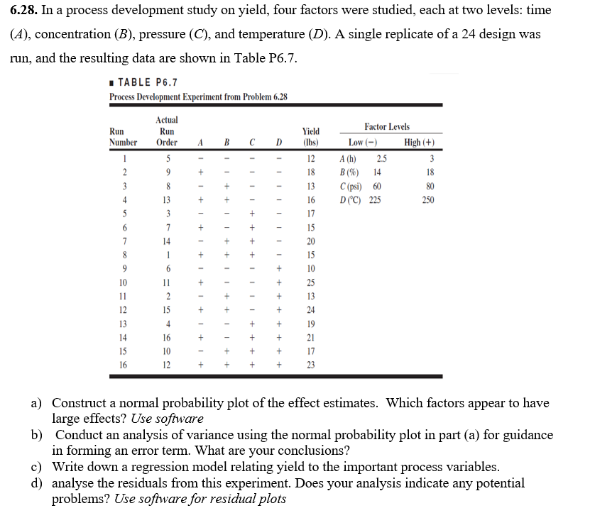 Solved 6.28. In a process development study on yield, four | Chegg.com