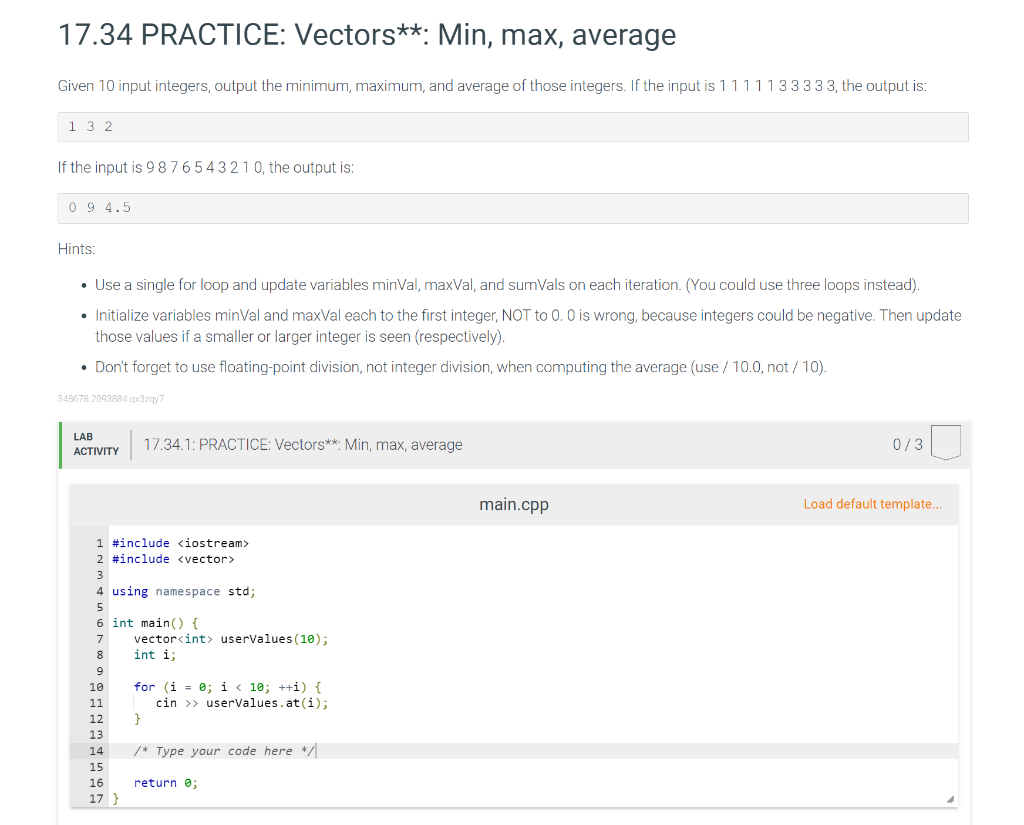 Solved 17.34 PRACTICE: Vectors**: Min, max, average Given 10 | Chegg.com