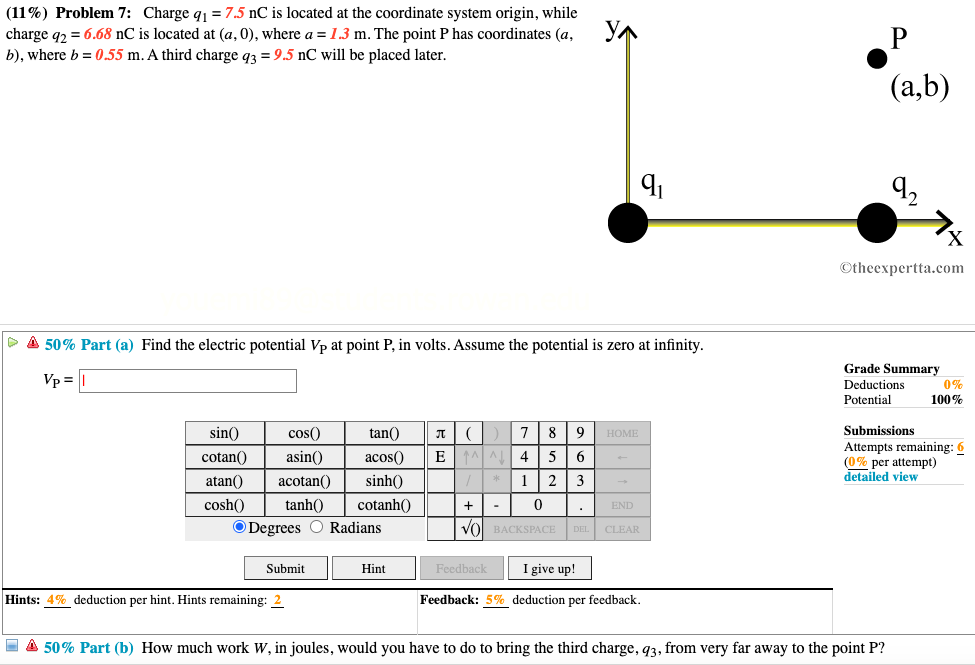 Solved (11%) Problem 7: Charge 91 = 7.5 nC is located at the | Chegg.com
