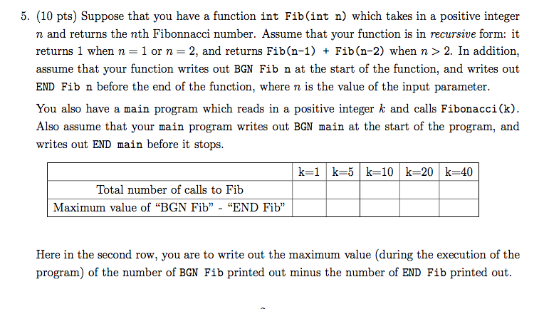 5. (10 pts) Suppose that you have a function int Fib(int n) which takes in a positive integer n and returns the nth Fibonnacc
