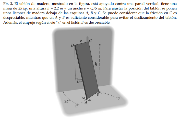 Pb. 2. El tablón de madera, mostrado en la figura, está apoyado contra una pared vertical, tiene una masa de \( 25 \mathrm{~k