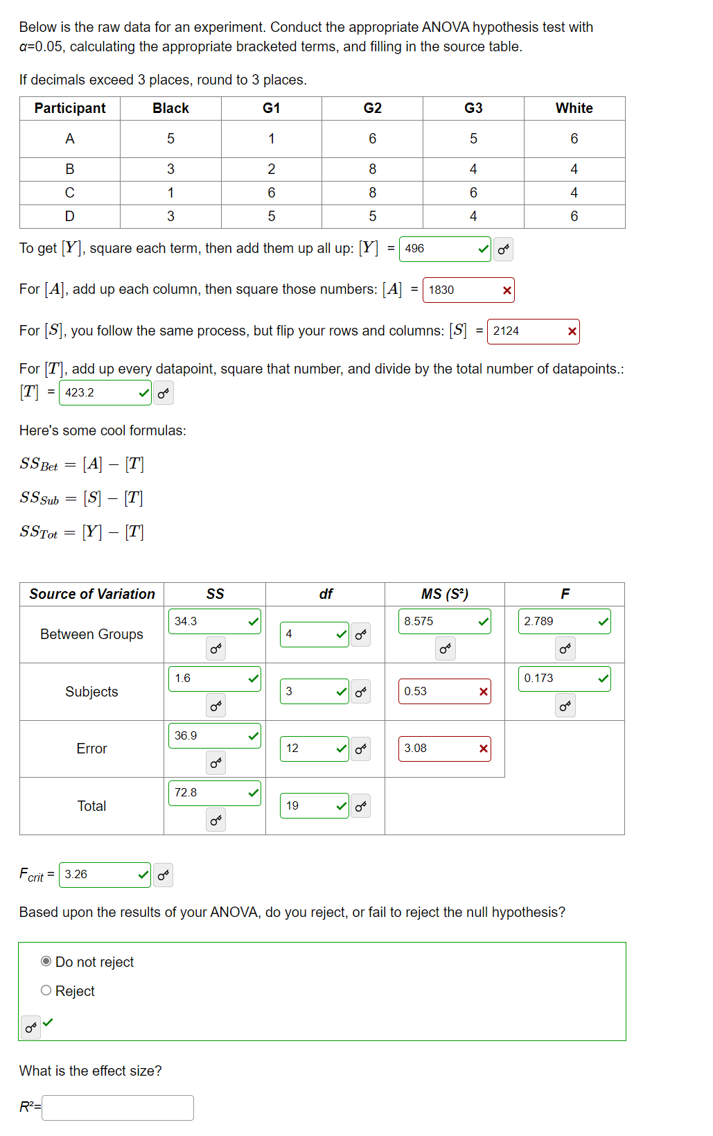 Solved Below is the raw data for an experiment. Conduct the | Chegg.com