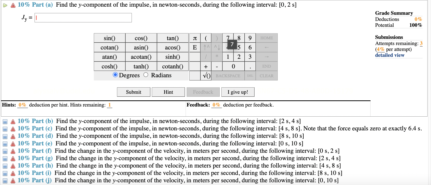 Solved (17\%) Problem 4: The y-component of a force on 7.6 | Chegg.com