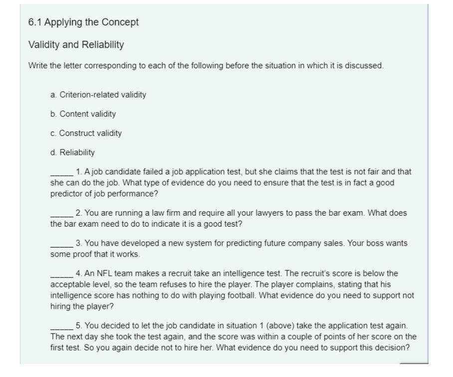 Solved 6.1 Applying the Concept Validity and Reliability | Chegg.com