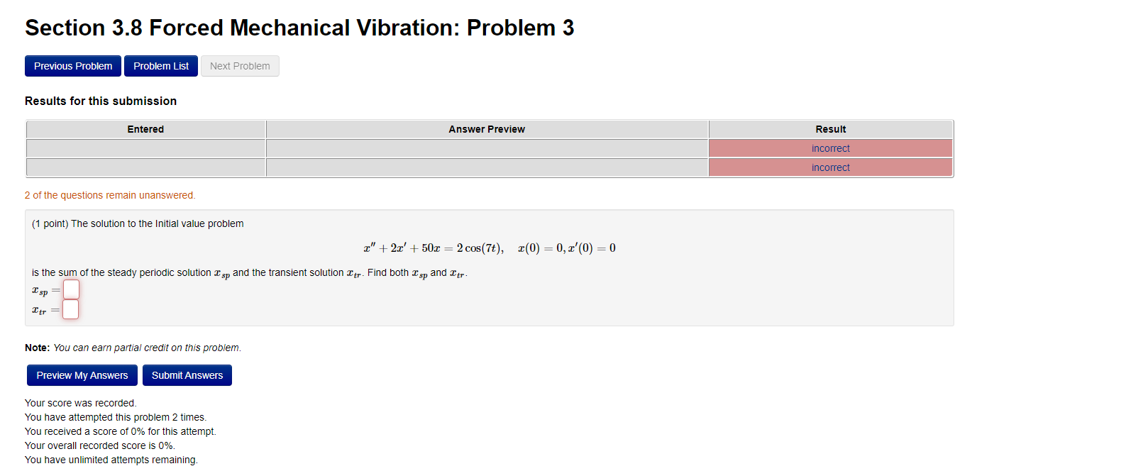 Solved Section 3.8 Forced Mechanical Vibration: Problem 3 | Chegg.com