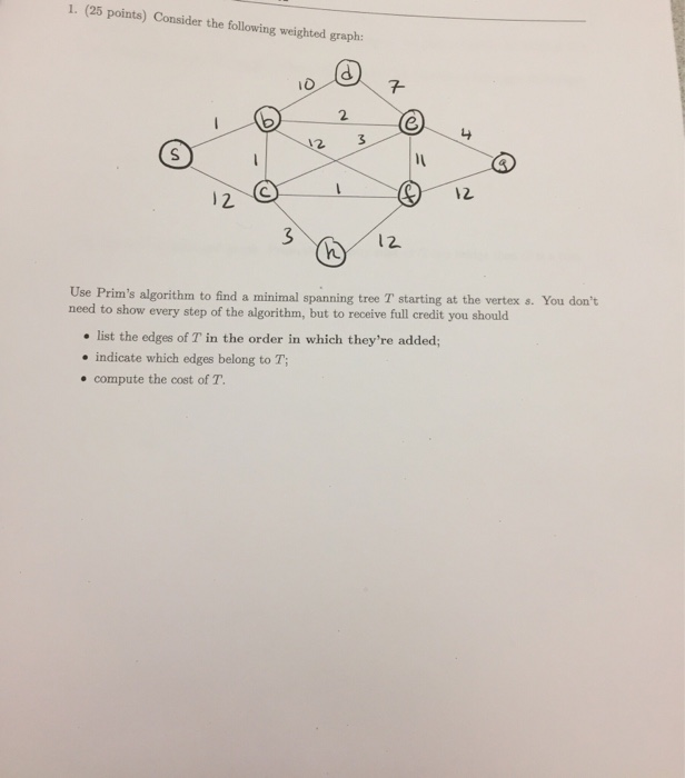 Solved 1. (25 points) Consider the following weighted graph: | Chegg.com