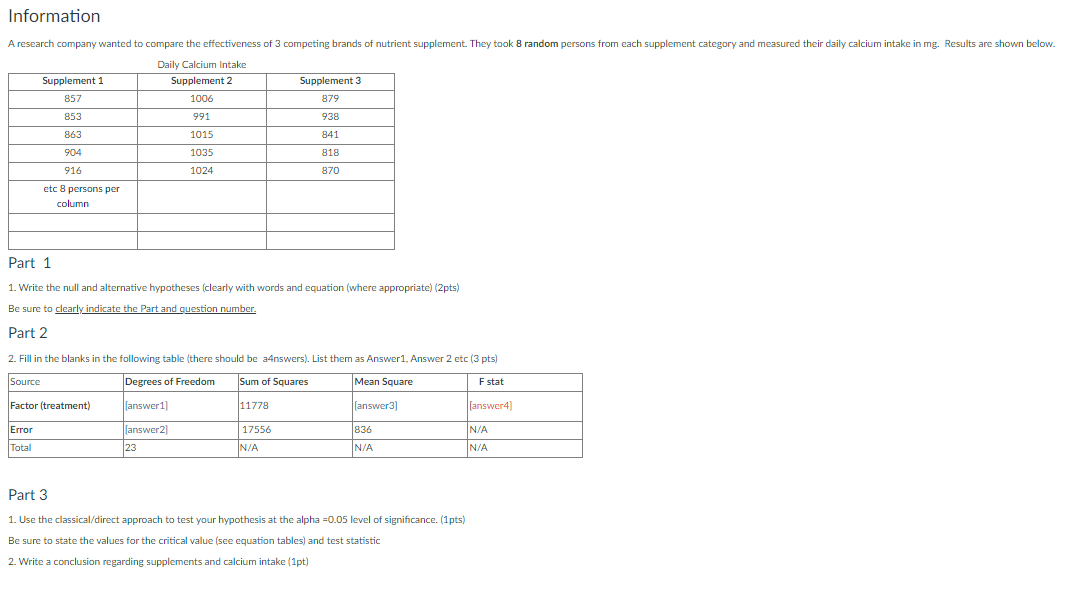 Solved Information A research company wanted to compare the | Chegg.com